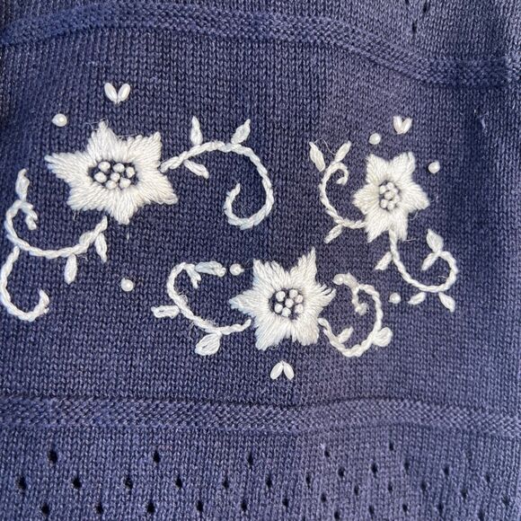 Worthington Vintage Navy Embroidered Crochet Knit Short Sleeve Sweater Large - Picture 6 of 11